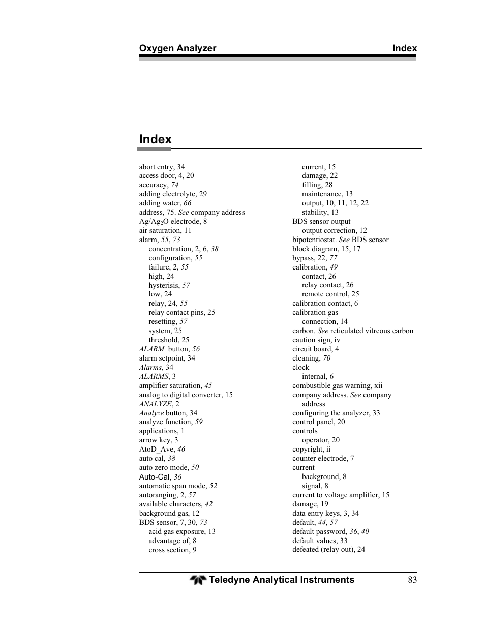 Index | Teledyne BDS-3000 - Oxygen analyzer User Manual | Page 97 / 100