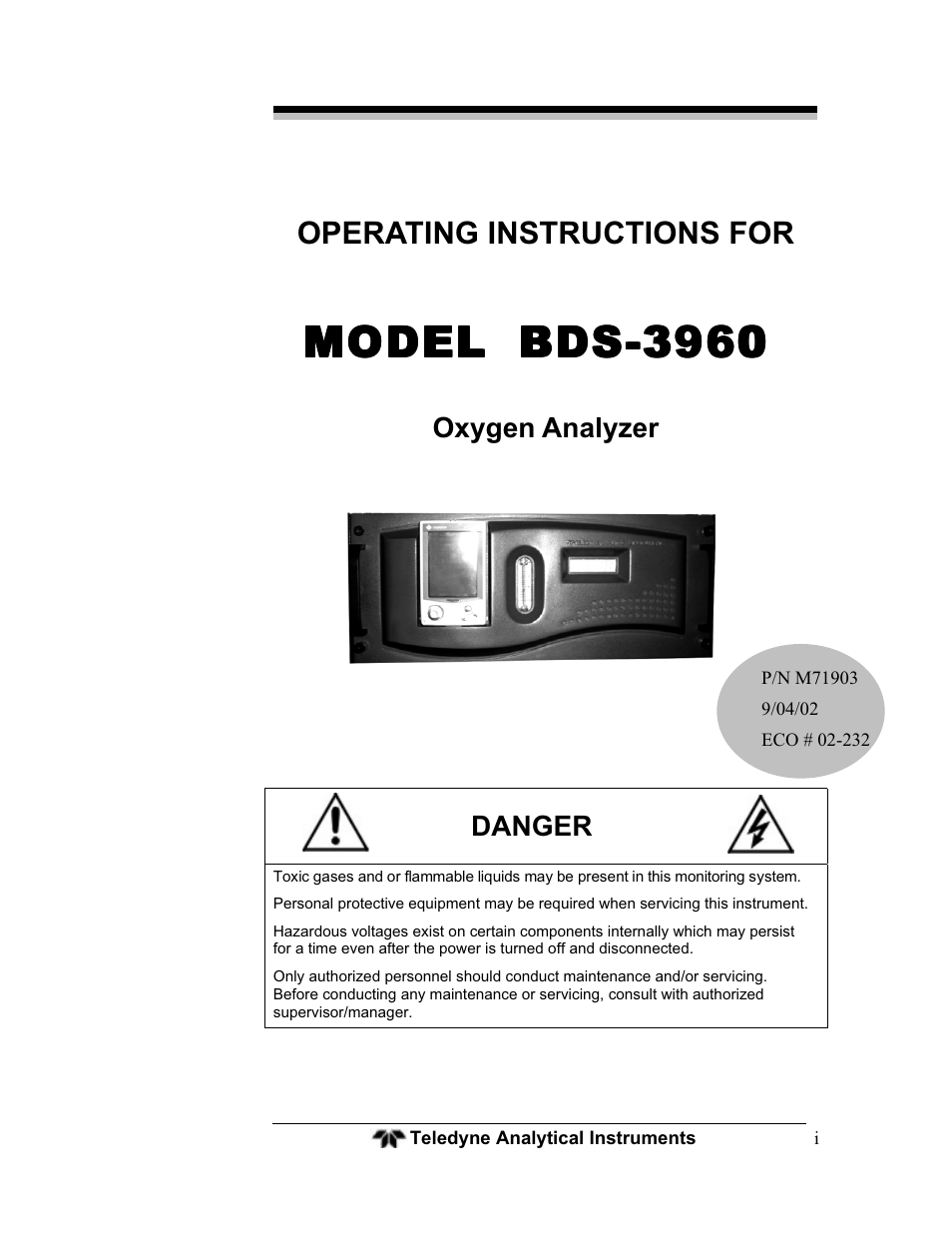 Teledyne BDS-3960 - Oxygen analyzer User Manual | 76 pages