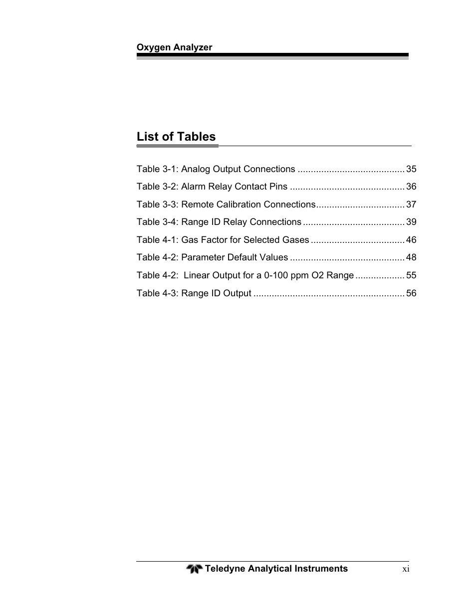 List of tables | Teledyne BDS-3960 - Oxygen analyzer User Manual | Page 11 / 76