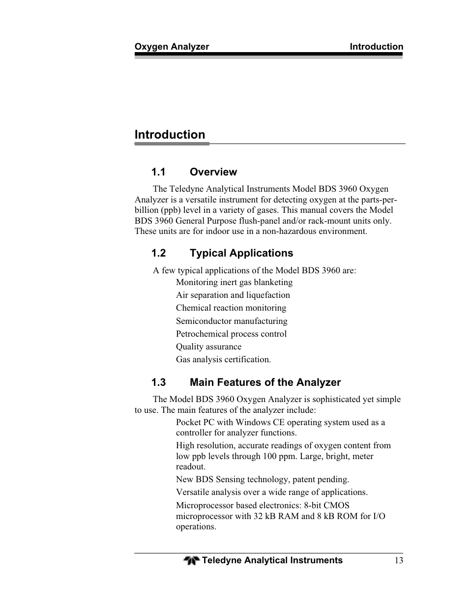 Introduction, 1 overview, 2 typical applications | 3 main features of the analyzer | Teledyne BDS-3960 - Oxygen analyzer User Manual | Page 13 / 76
