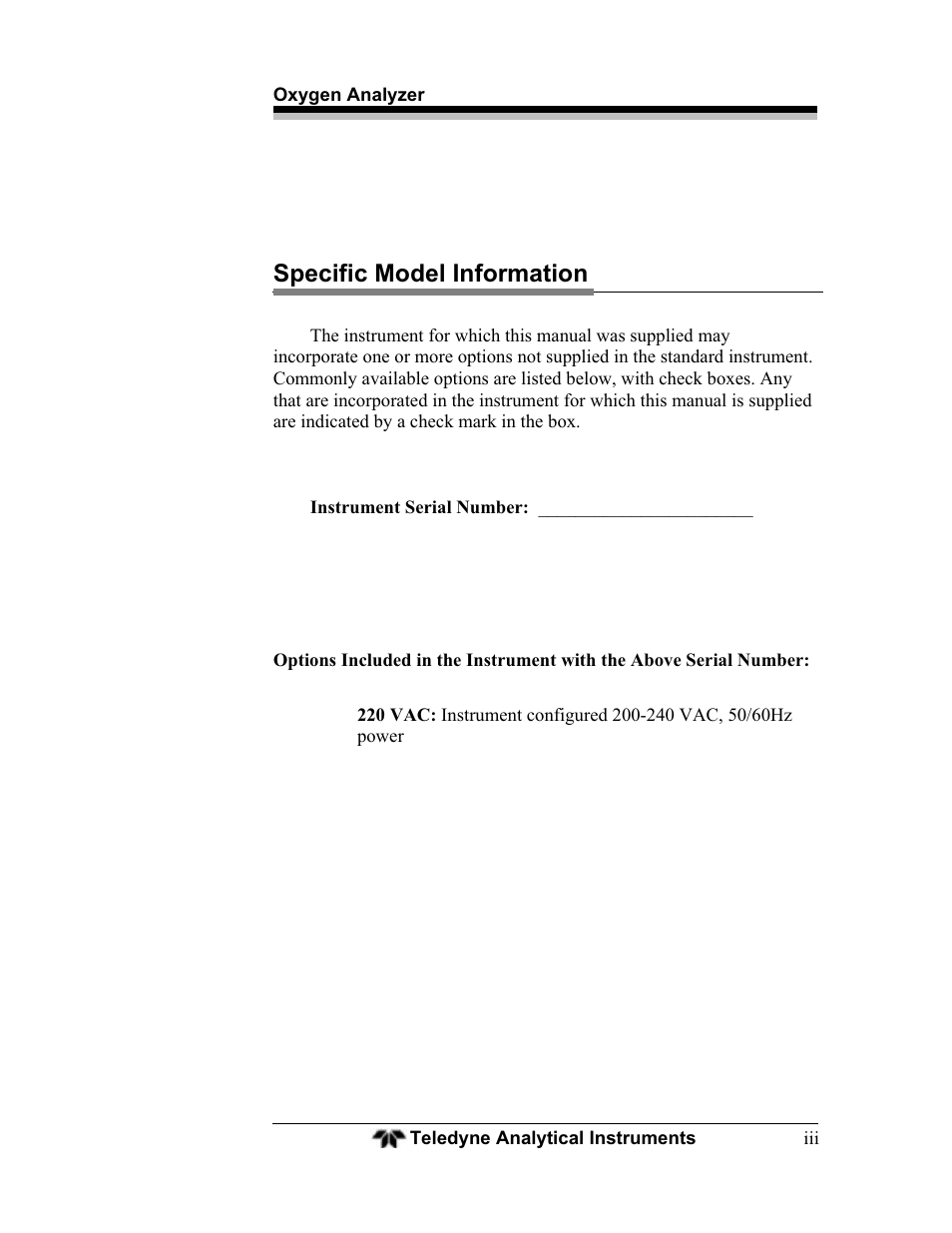 Specific model information | Teledyne BDS-3960 - Oxygen analyzer User Manual | Page 3 / 76