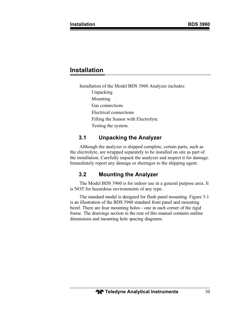 Installation, 1 unpacking the analyzer, 2 mounting the analyzer | Teledyne BDS-3960 - Oxygen analyzer User Manual | Page 30 / 76