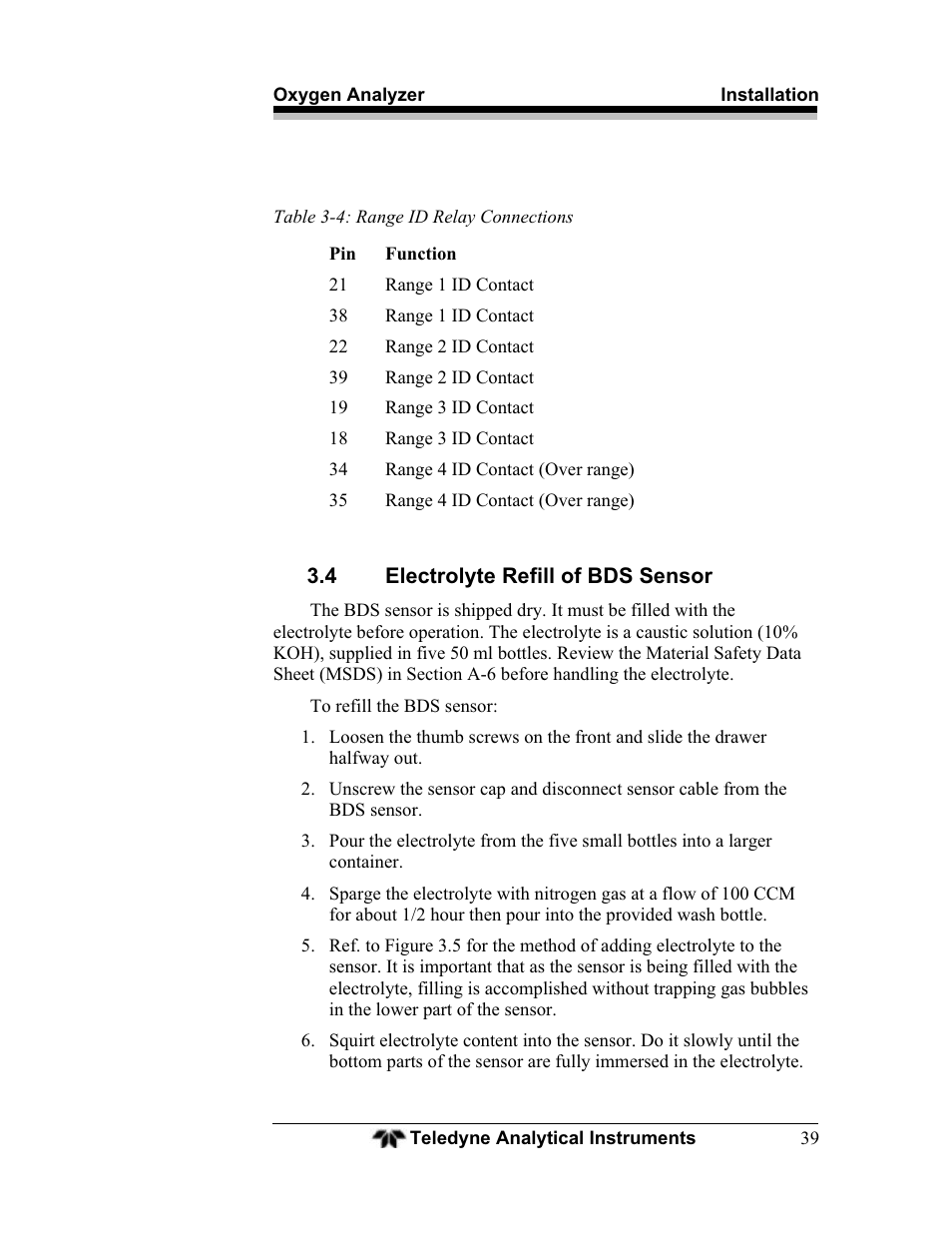 Teledyne BDS-3960 - Oxygen analyzer User Manual | Page 39 / 76