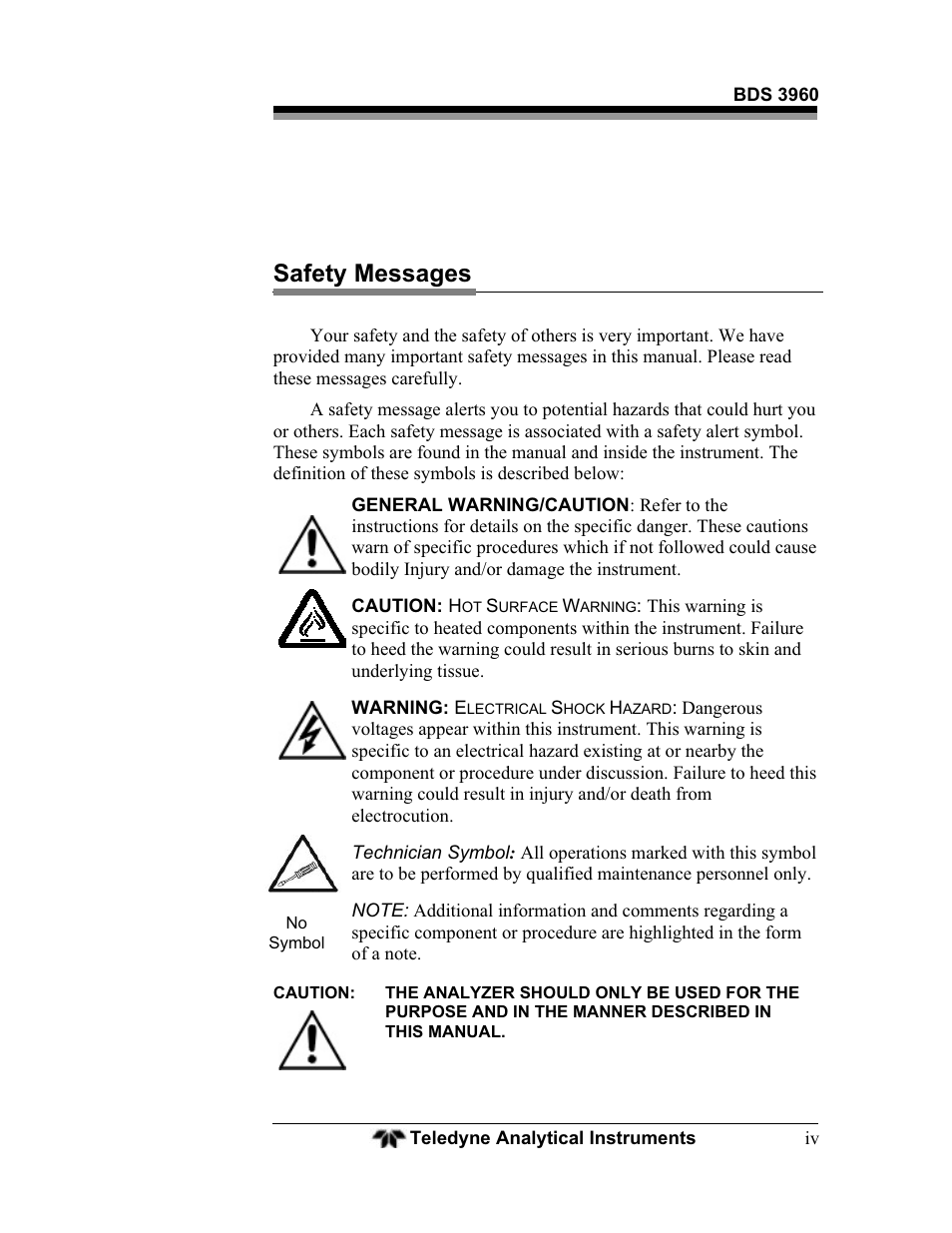 Safety messages | Teledyne BDS-3960 - Oxygen analyzer User Manual | Page 4 / 76