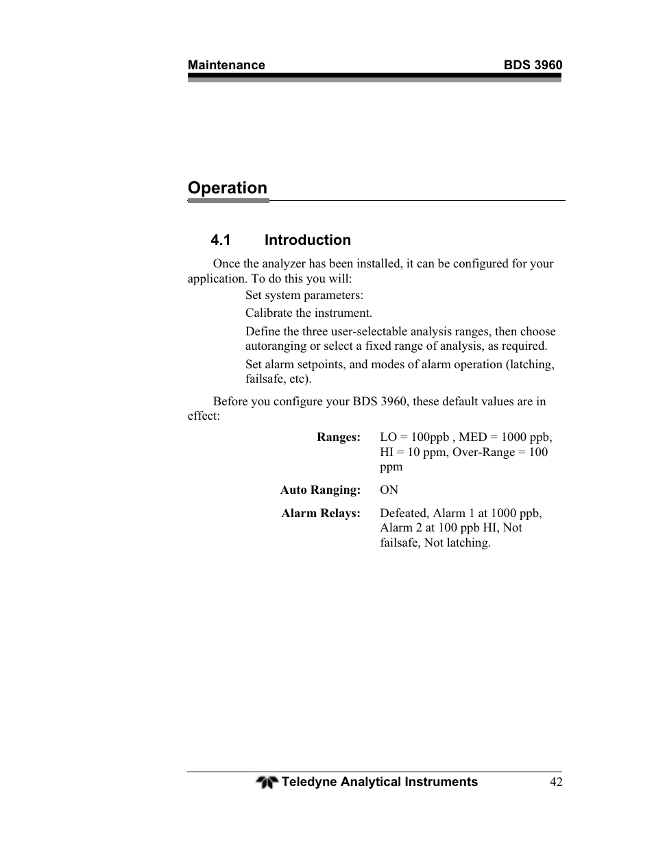 Operation | Teledyne BDS-3960 - Oxygen analyzer User Manual | Page 42 / 76