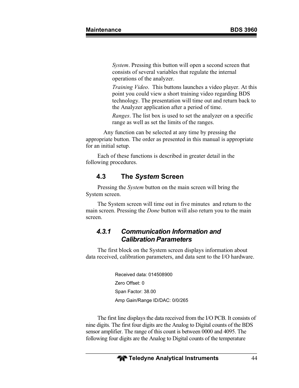 3 the system screen | Teledyne BDS-3960 - Oxygen analyzer User Manual | Page 44 / 76