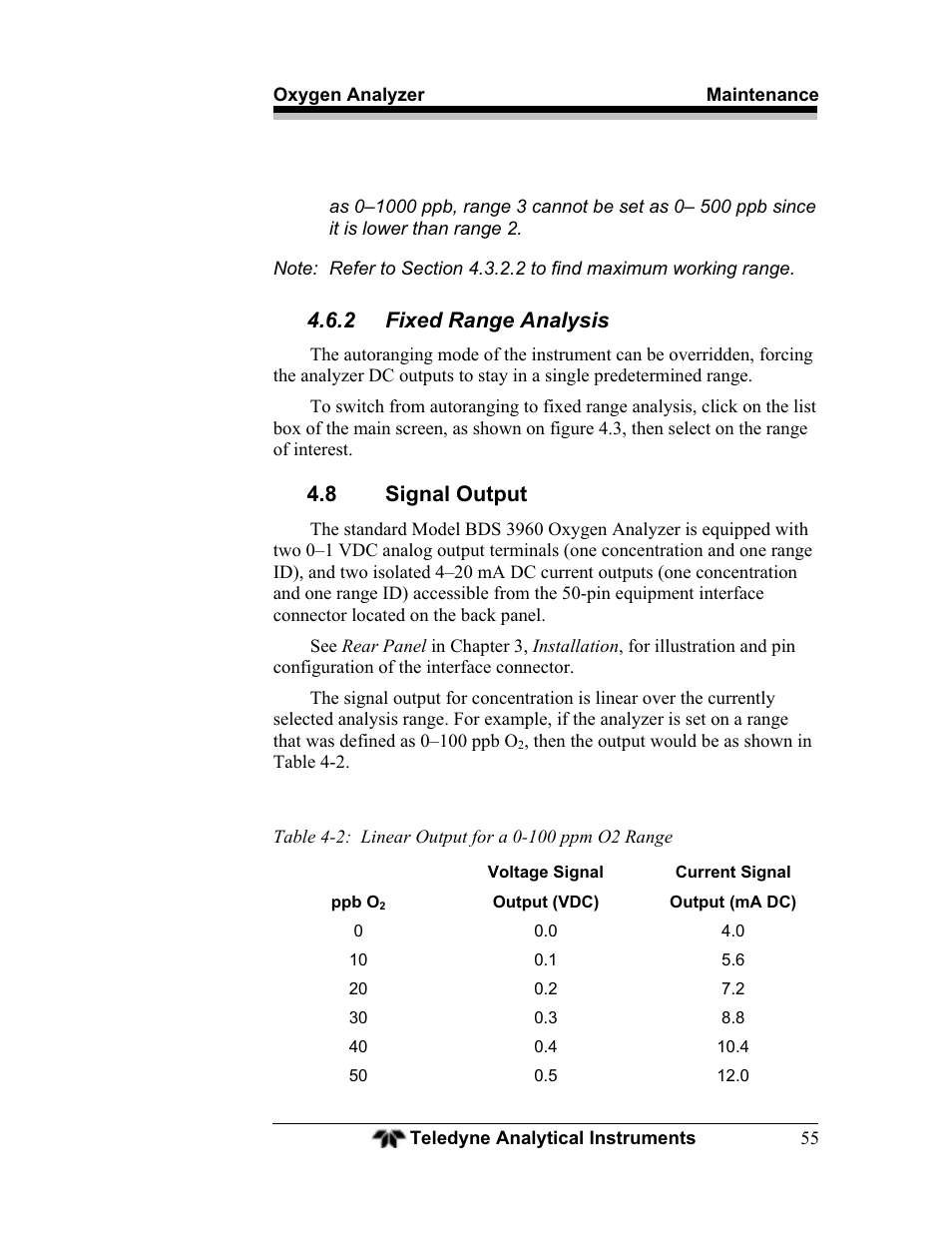 2 fixed range analysis, 8 signal output | Teledyne BDS-3960 - Oxygen analyzer User Manual | Page 55 / 76