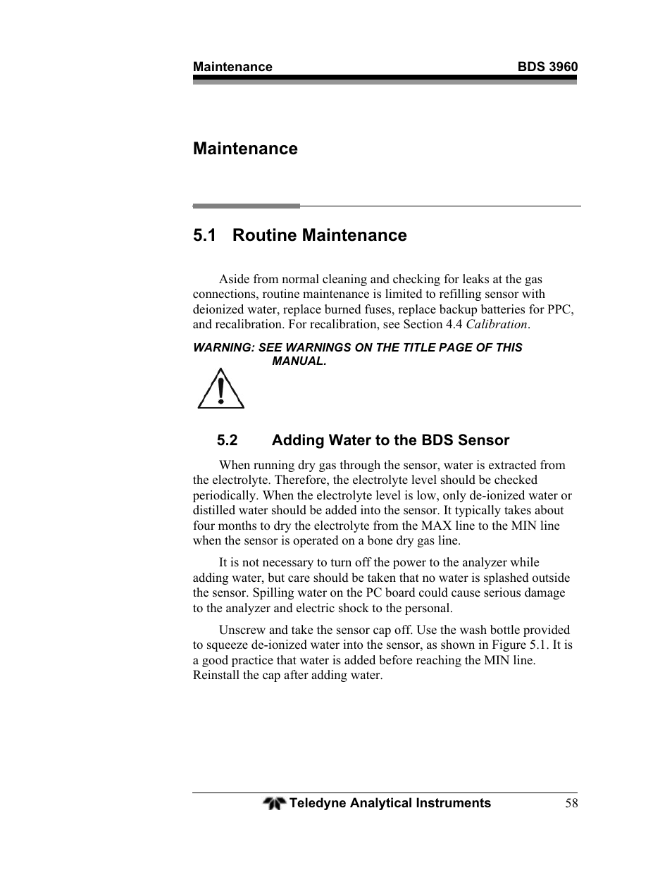 Maintenance 5.1 routine maintenance | Teledyne BDS-3960 - Oxygen analyzer User Manual | Page 58 / 76