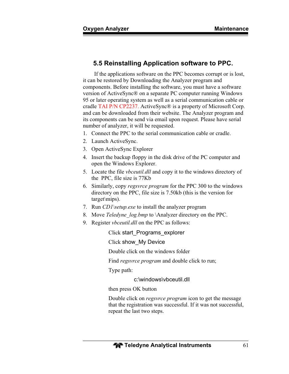 5 reinstalling application software to ppc | Teledyne BDS-3960 - Oxygen analyzer User Manual | Page 61 / 76