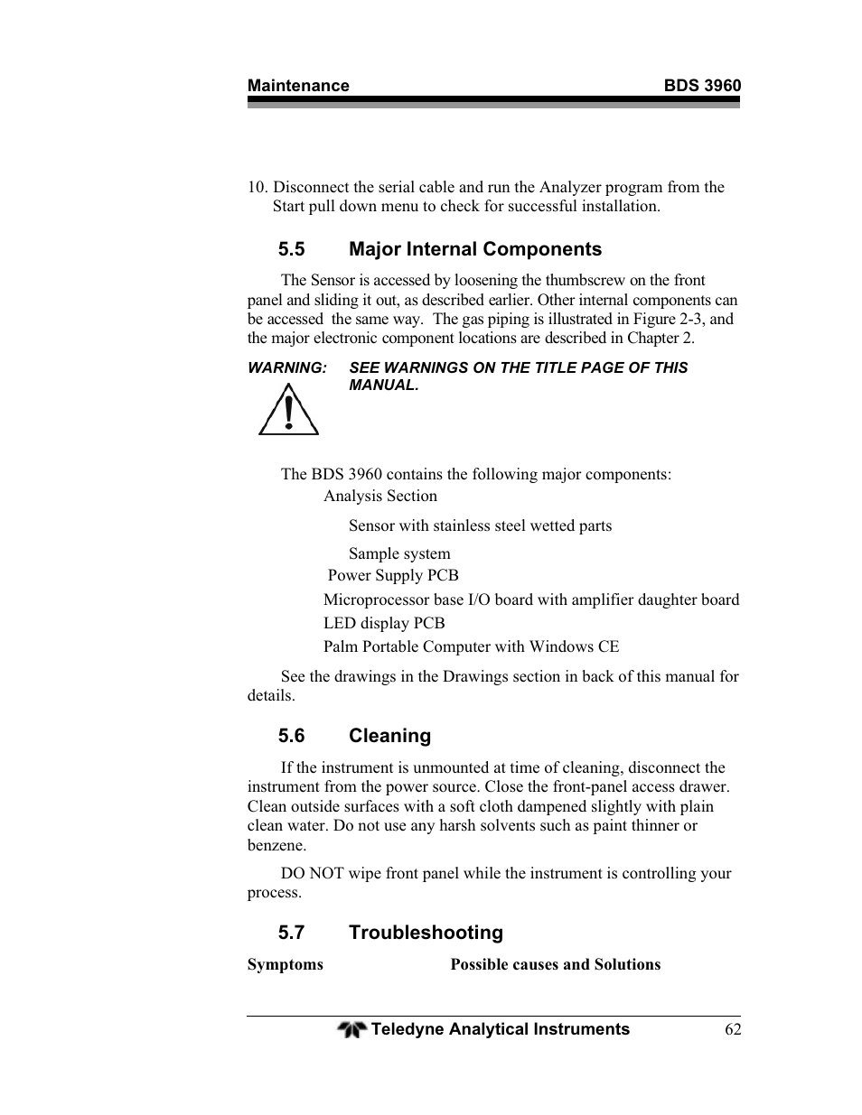 5 major internal components, 6 cleaning, 7 troubleshooting | Teledyne BDS-3960 - Oxygen analyzer User Manual | Page 62 / 76
