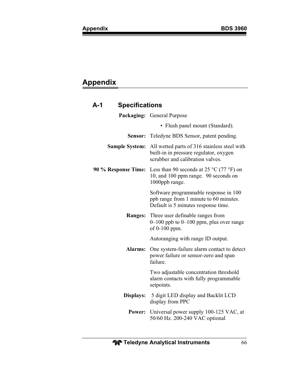 Appendix | Teledyne BDS-3960 - Oxygen analyzer User Manual | Page 66 / 76