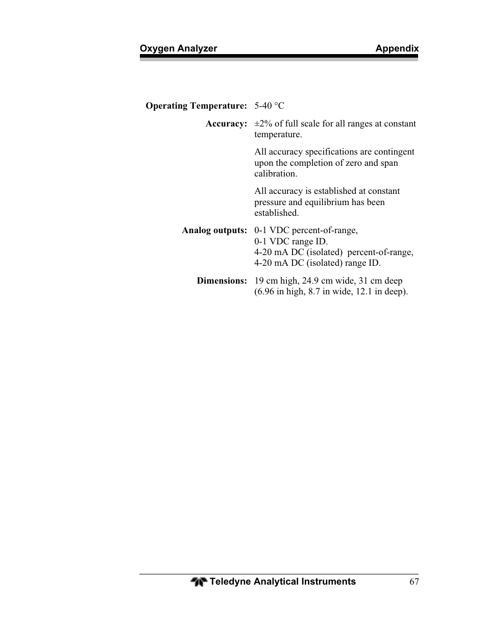 Teledyne BDS-3960 - Oxygen analyzer User Manual | Page 67 / 76