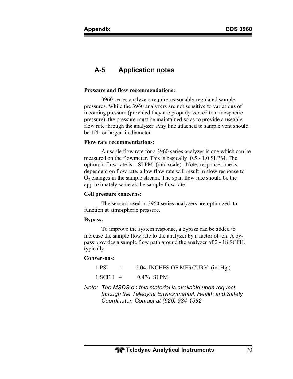 Teledyne BDS-3960 - Oxygen analyzer User Manual | Page 70 / 76