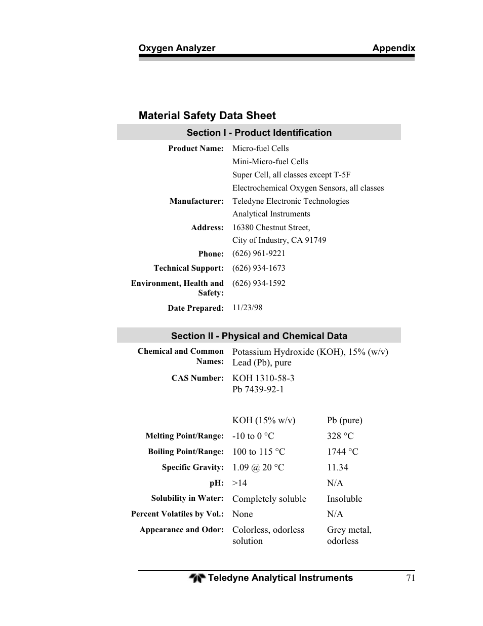 Material safety data sheet | Teledyne BDS-3960 - Oxygen analyzer User Manual | Page 71 / 76