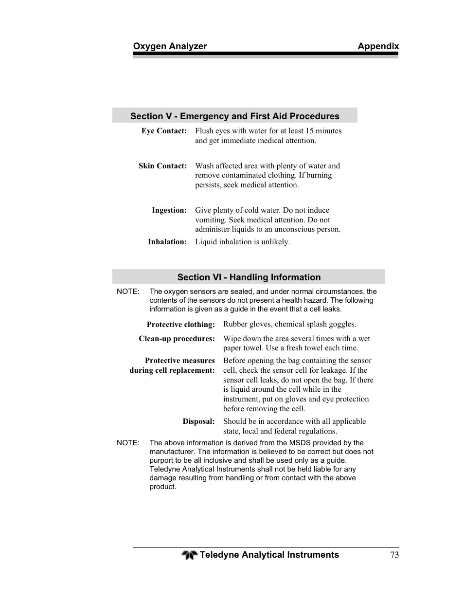 Teledyne BDS-3960 - Oxygen analyzer User Manual | Page 73 / 76