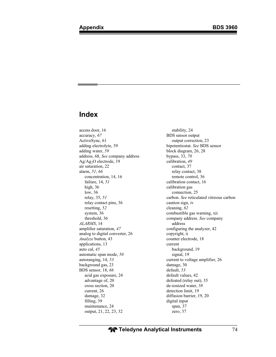 Index | Teledyne BDS-3960 - Oxygen analyzer User Manual | Page 74 / 76