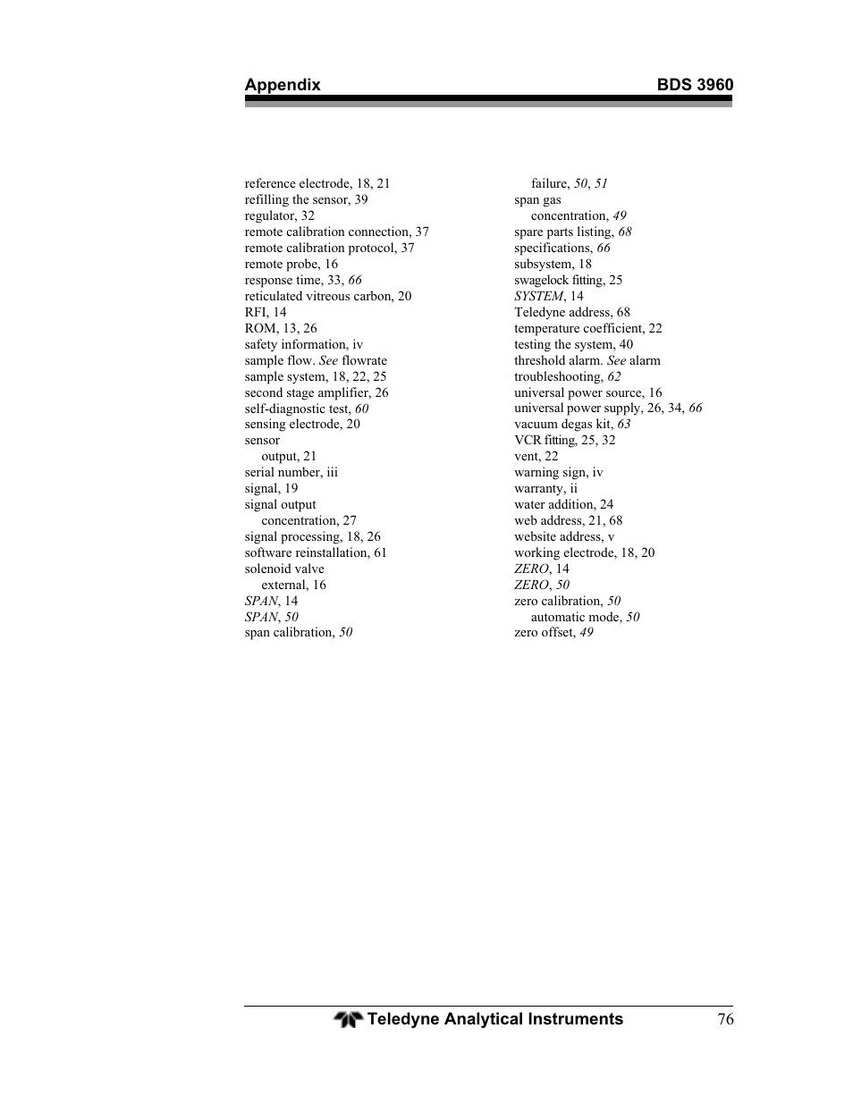 Teledyne BDS-3960 - Oxygen analyzer User Manual | Page 76 / 76