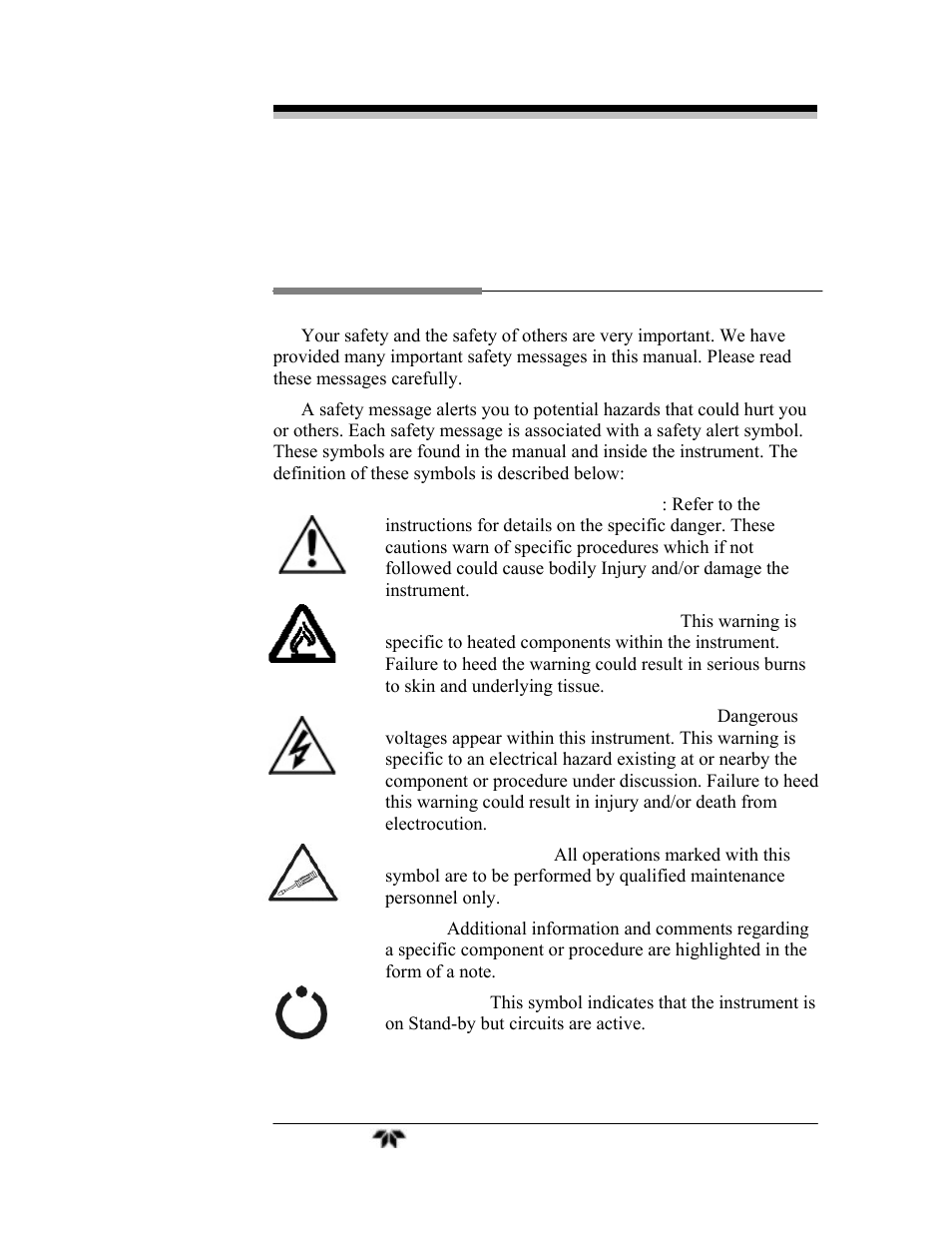 Safety messages | Teledyne GC-Pro/FID - Gas Chromatograph User Manual | Page 3 / 121