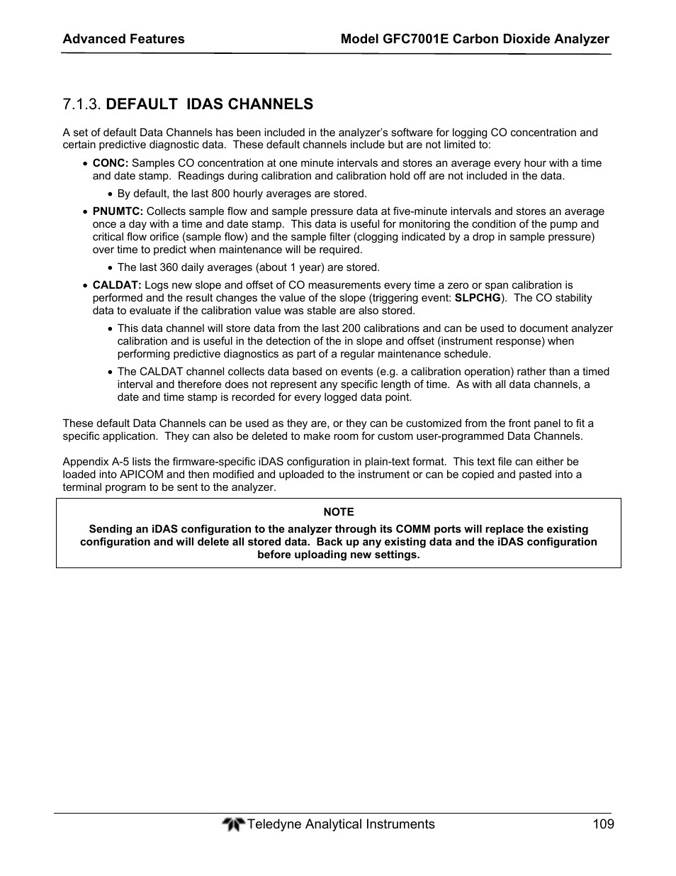 Default idas channels | Teledyne GFC-7001E - Trace CO Analyzer User Manual | Page 109 / 321