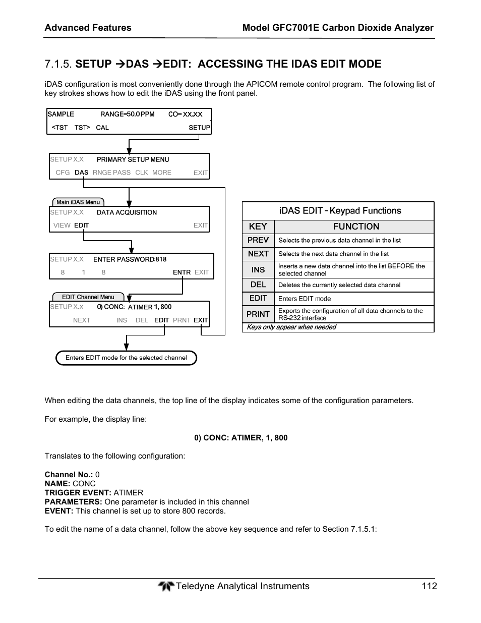 Setup  das  edit: accessing the idas edit mode | Teledyne GFC-7001E - Trace CO Analyzer User Manual | Page 112 / 321