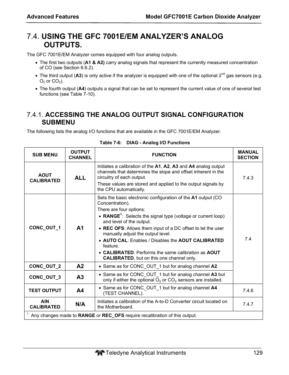 Using the gfc 7001e/em analyzer’s analog outputs | Teledyne GFC-7001E - Trace CO Analyzer User Manual | Page 129 / 321