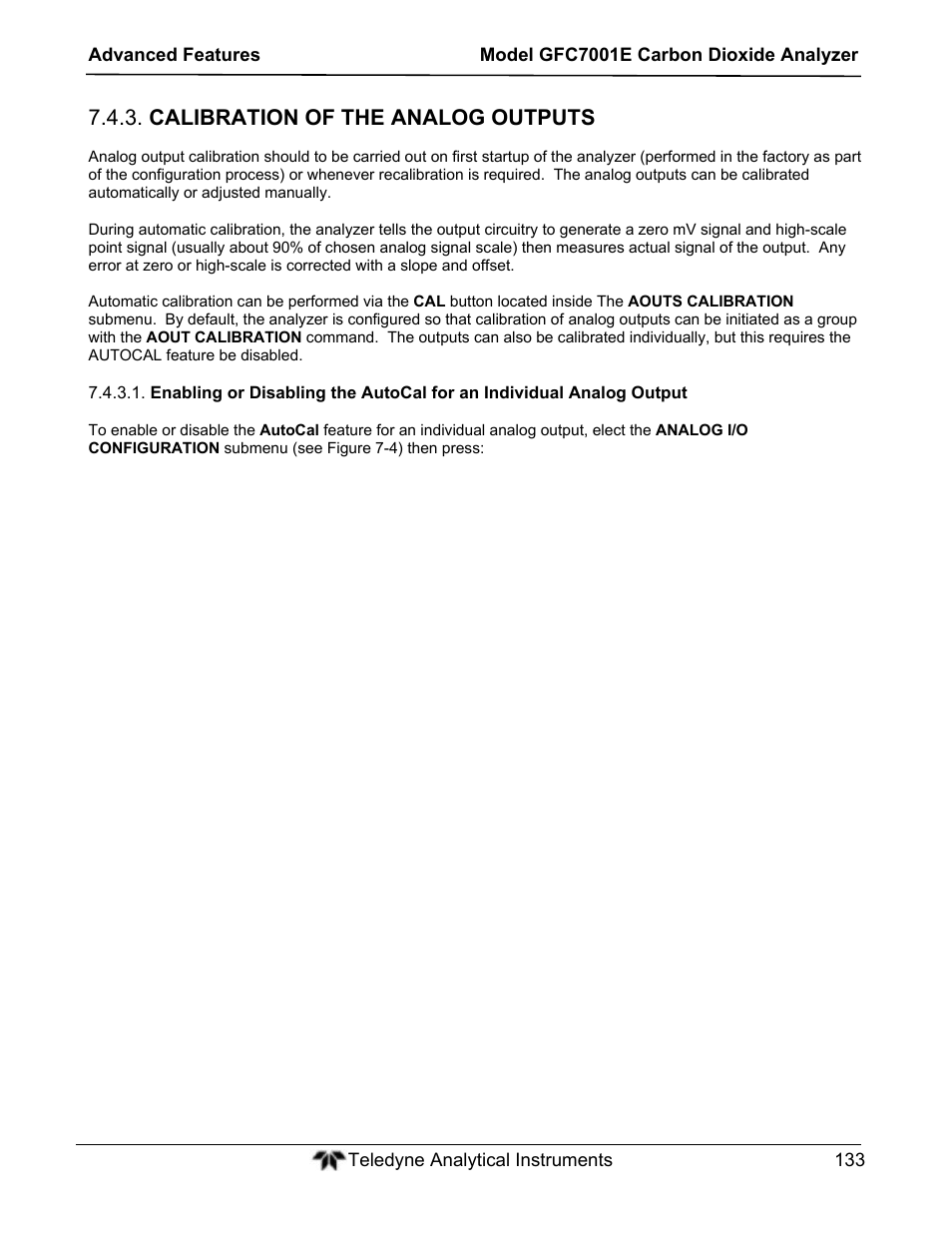 Calibration of the analog outputs | Teledyne GFC-7001E - Trace CO Analyzer User Manual | Page 133 / 321