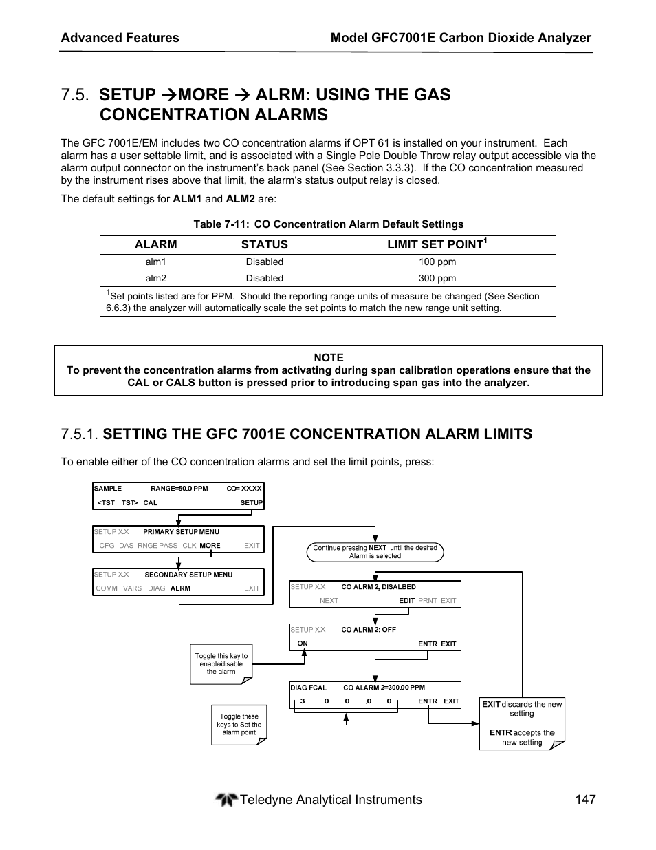 Setting the gfc 7001e concentration alarm limits | Teledyne GFC-7001E - Trace CO Analyzer User Manual | Page 147 / 321