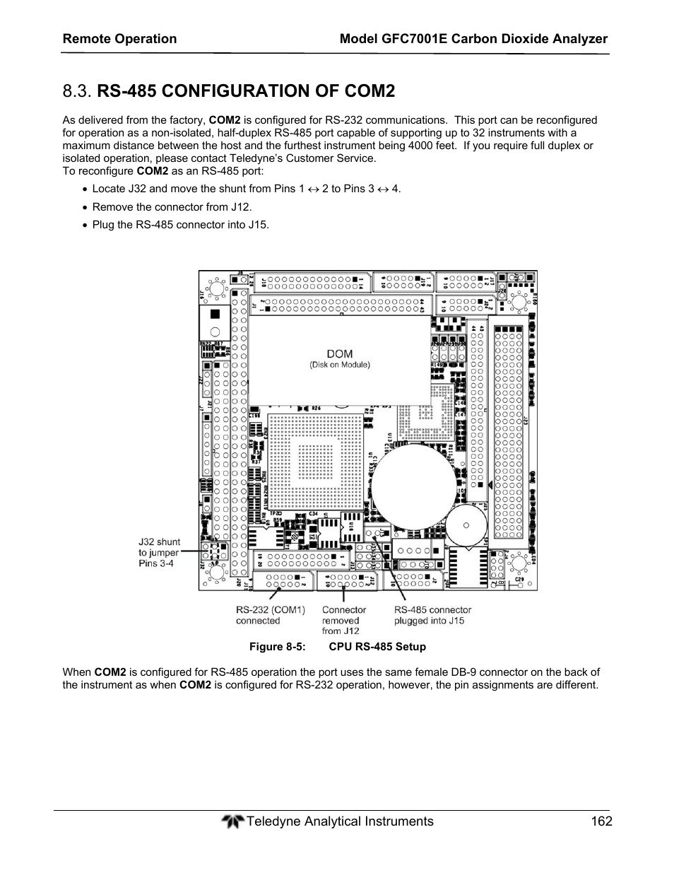 Rs-485 configuration of com2 | Teledyne GFC-7001E - Trace CO Analyzer User Manual | Page 162 / 321
