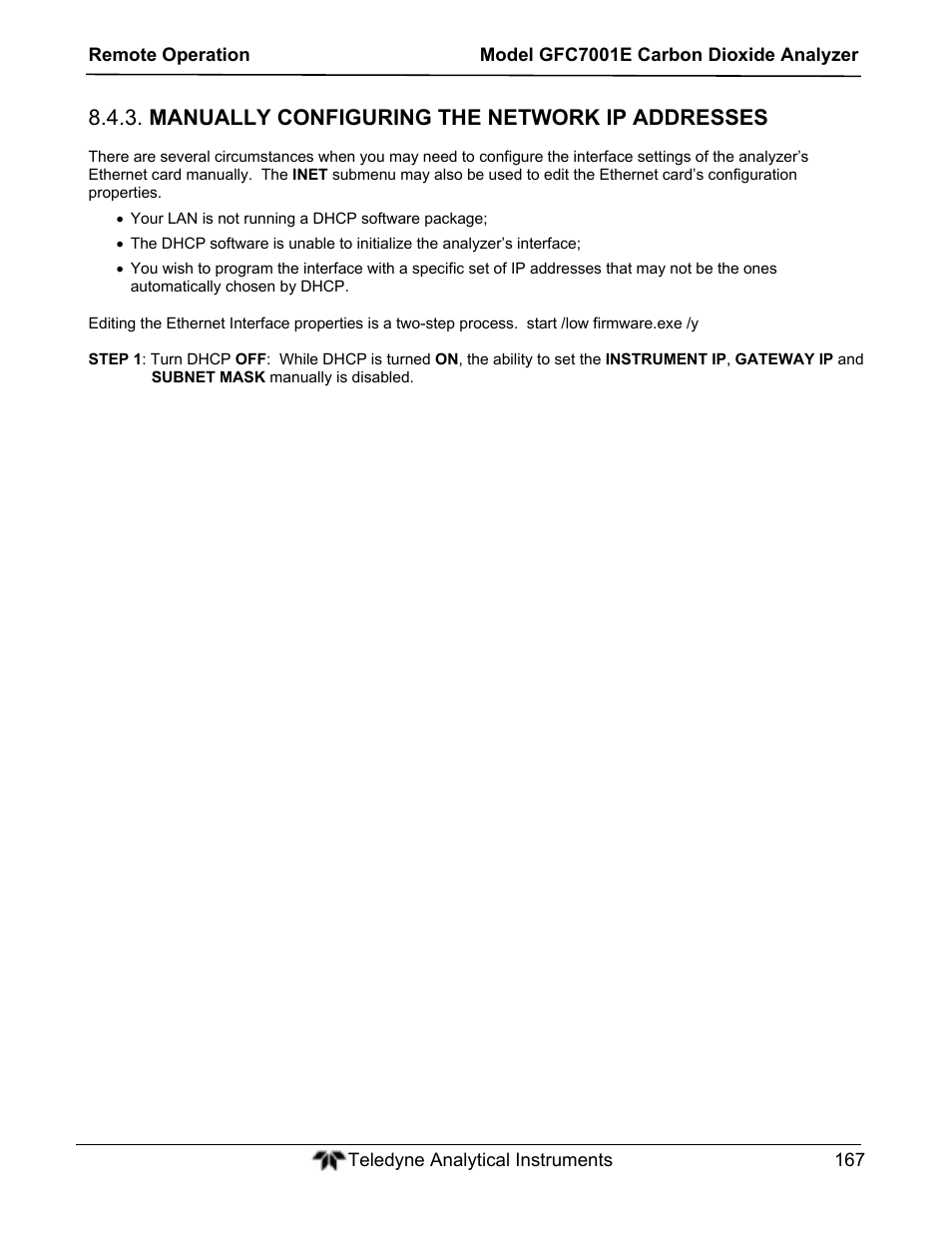 Manually configuring the network ip addresses | Teledyne GFC-7001E - Trace CO Analyzer User Manual | Page 167 / 321