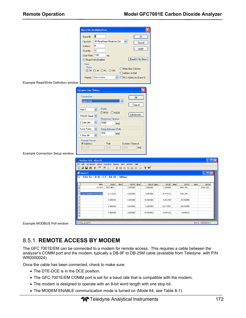Remote access by modem | Teledyne GFC-7001E - Trace CO Analyzer User Manual | Page 172 / 321