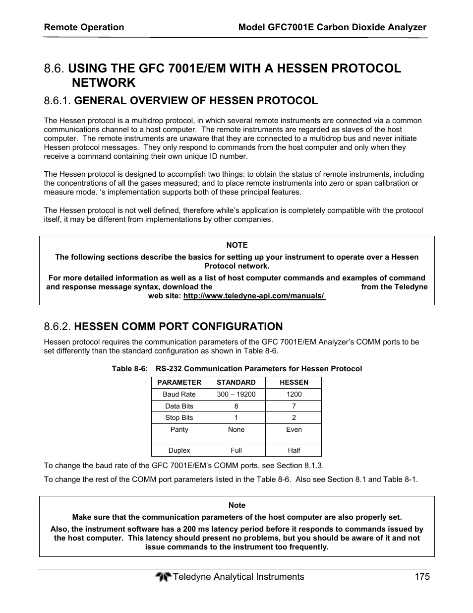 General overview of hessen protocol, Hessen comm port configuration | Teledyne GFC-7001E - Trace CO Analyzer User Manual | Page 175 / 321