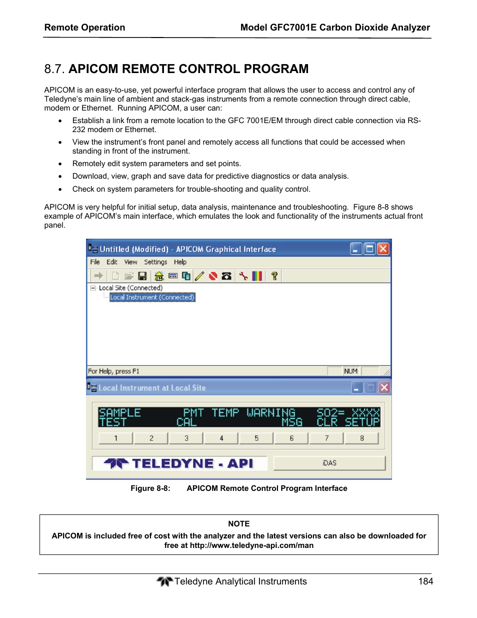 Apicom remote control program | Teledyne GFC-7001E - Trace CO Analyzer User Manual | Page 184 / 321