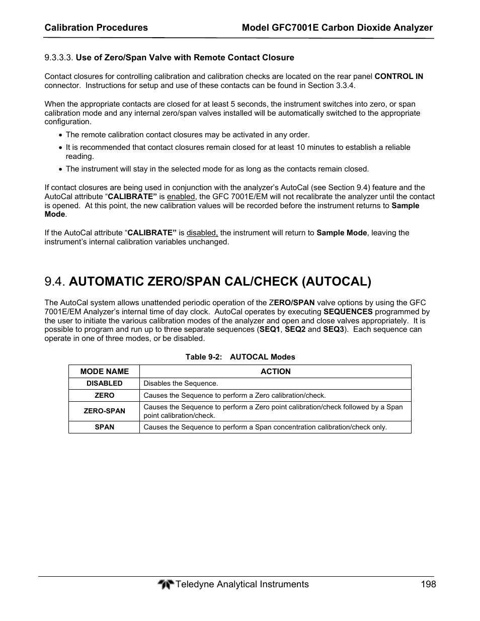 Automatic zero/span cal/check (autocal) | Teledyne GFC-7001E - Trace CO Analyzer User Manual | Page 198 / 321