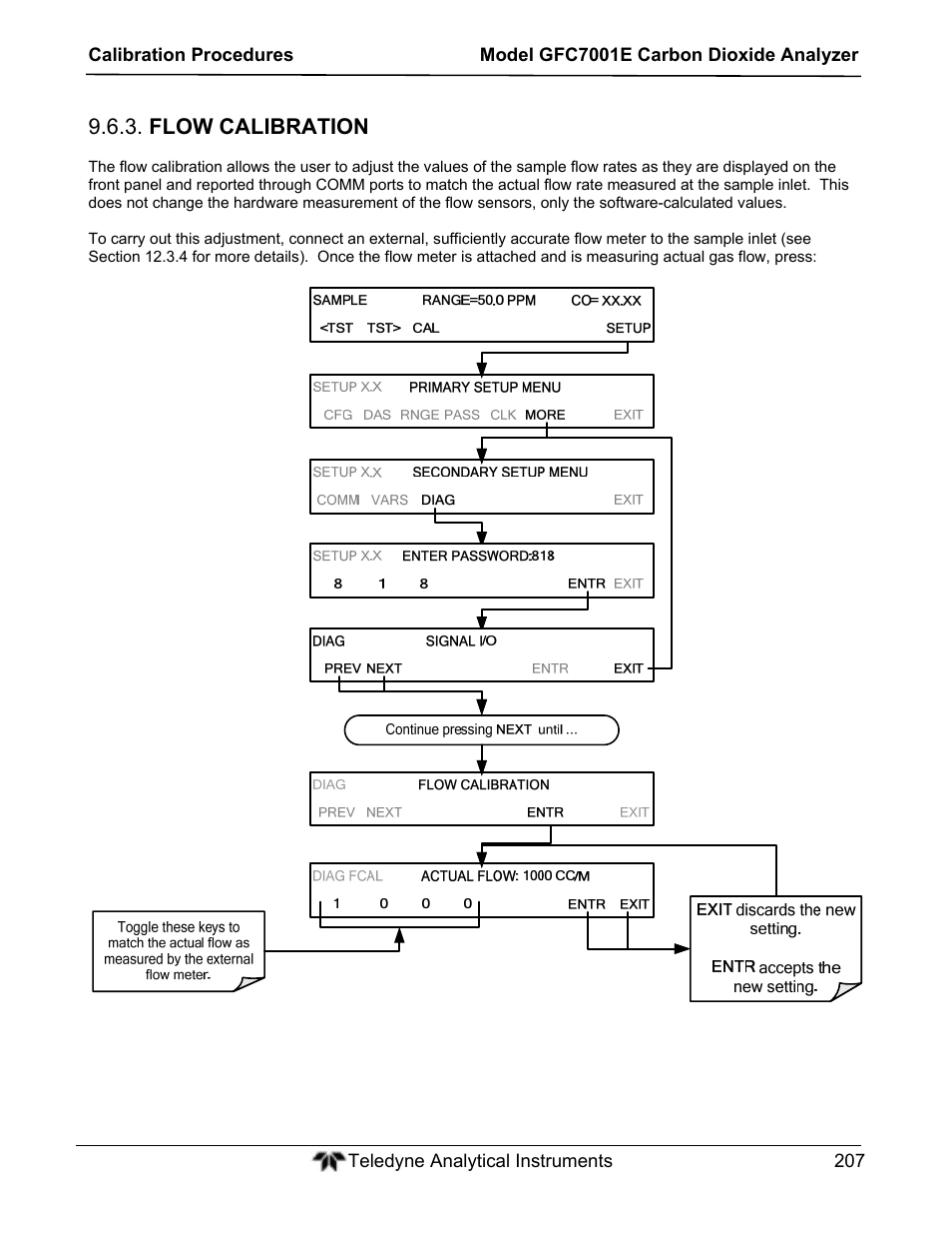 Flow calibration | Teledyne GFC-7001E - Trace CO Analyzer User Manual | Page 207 / 321