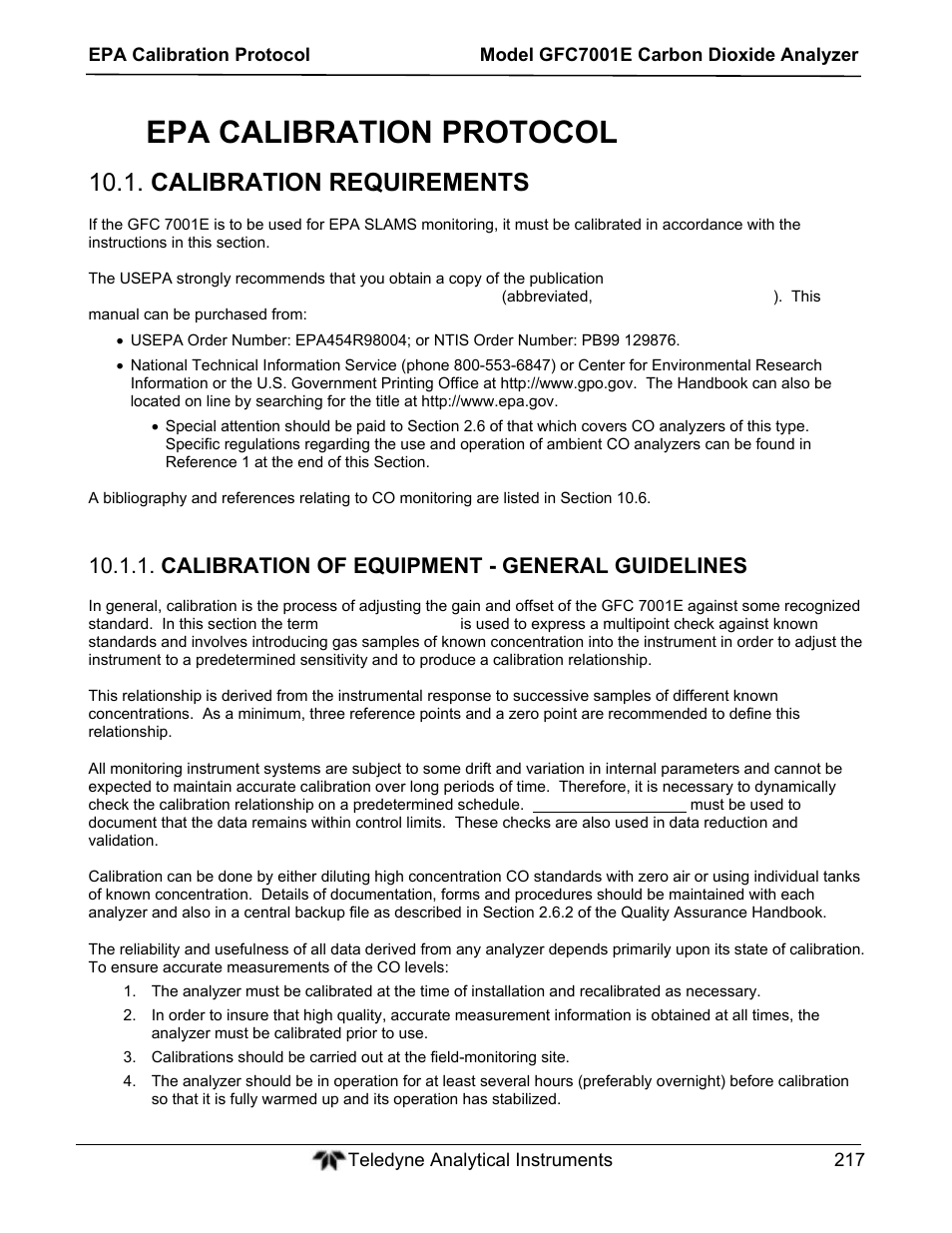 Epa calibration protocol, Calibration requirements, Calibration of equipment - general guidelines | Teledyne GFC-7001E - Trace CO Analyzer User Manual | Page 217 / 321