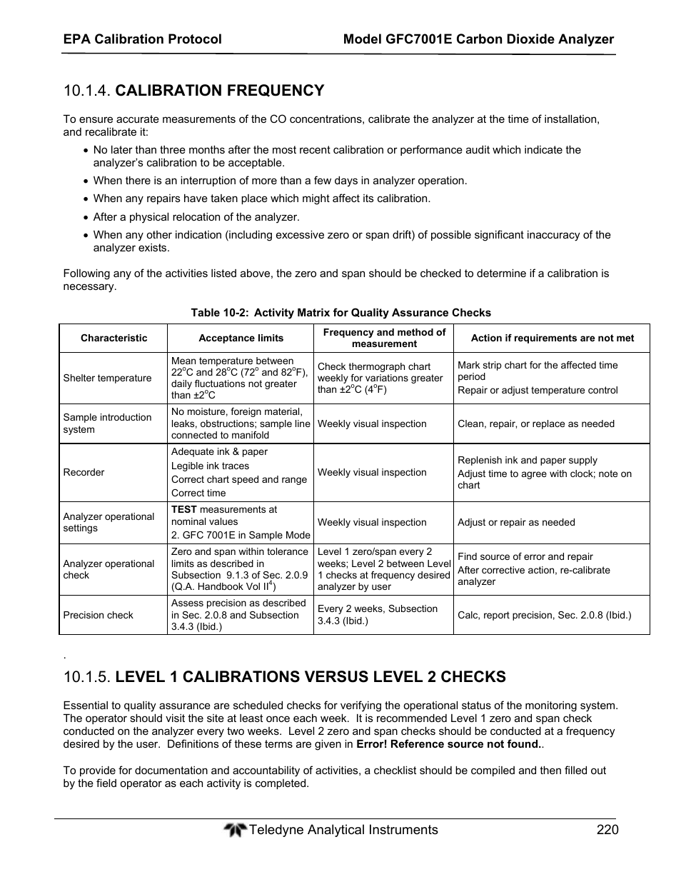 Calibration frequency, Level 1 calibrations versus level 2 checks | Teledyne GFC-7001E - Trace CO Analyzer User Manual | Page 220 / 321