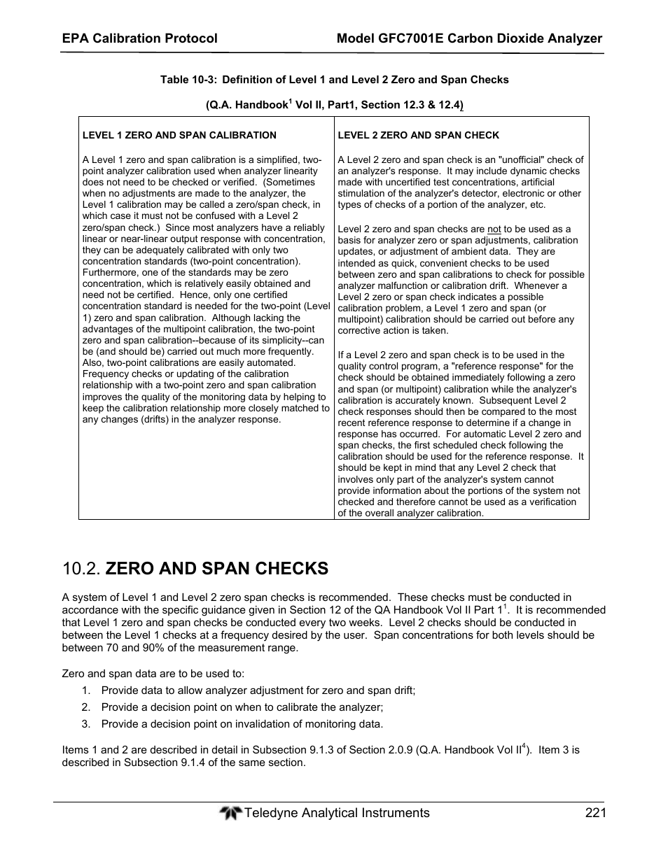 Zero and span checks | Teledyne GFC-7001E - Trace CO Analyzer User Manual | Page 221 / 321