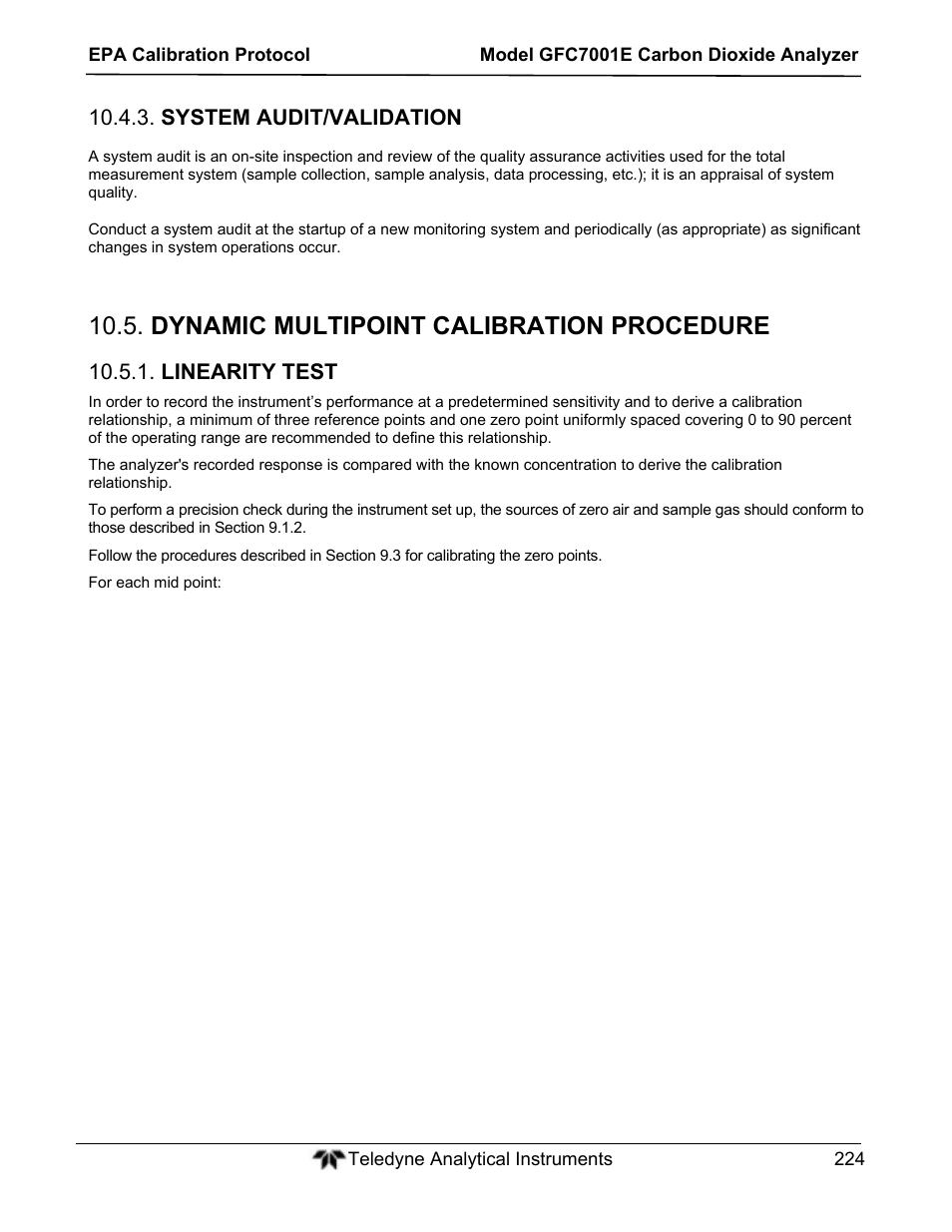 Dynamic multipoint calibration procedure, System audit/validation, Linearity test | Teledyne GFC-7001E - Trace CO Analyzer User Manual | Page 224 / 321