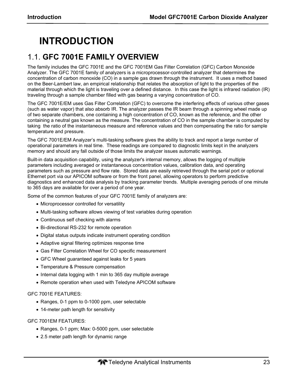 Introduction, Gfc 7001e family overview | Teledyne GFC-7001E - Trace CO Analyzer User Manual | Page 23 / 321