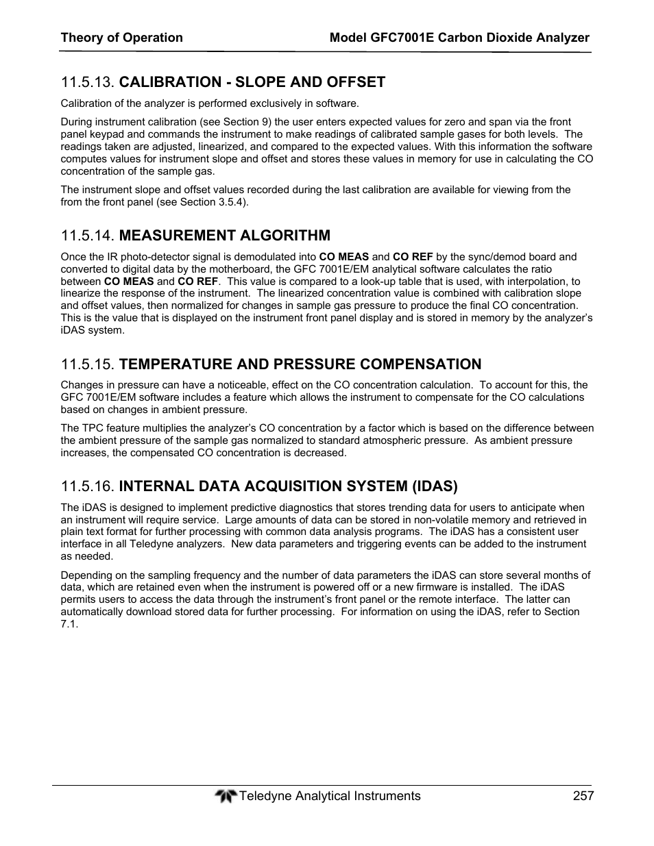 Calibration - slope and offset, Measurement algorithm, Temperature and pressure compensation | Internal data acquisition system (idas) | Teledyne GFC-7001E - Trace CO Analyzer User Manual | Page 257 / 321