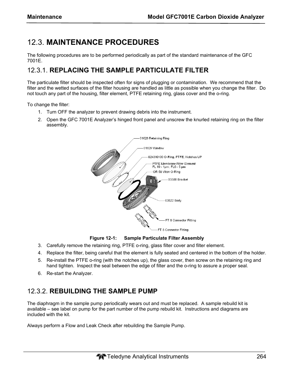 Maintenance procedures, Replacing the sample particulate filter, Rebuilding the sample pump | Teledyne GFC-7001E - Trace CO Analyzer User Manual | Page 264 / 321