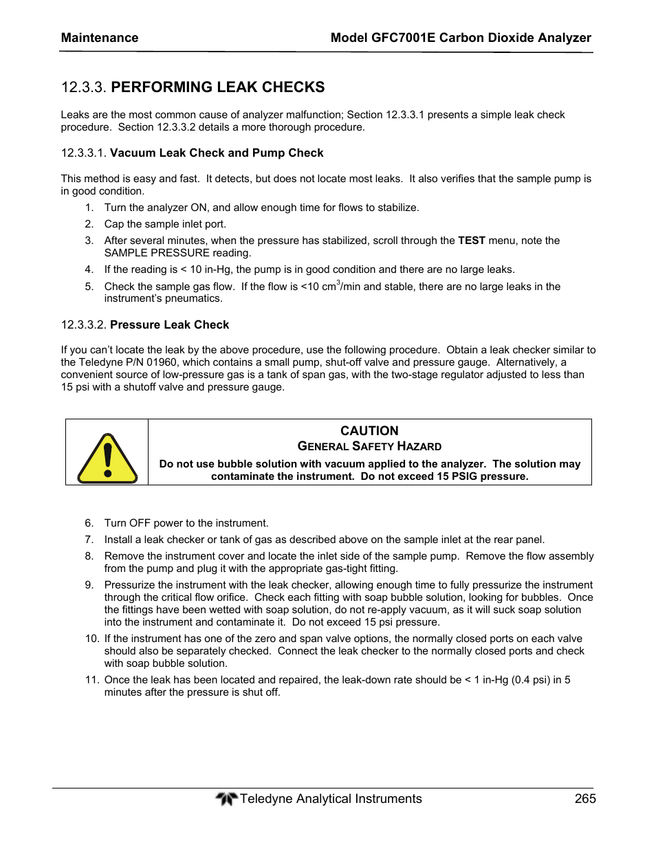Performing leak checks | Teledyne GFC-7001E - Trace CO Analyzer User Manual | Page 265 / 321