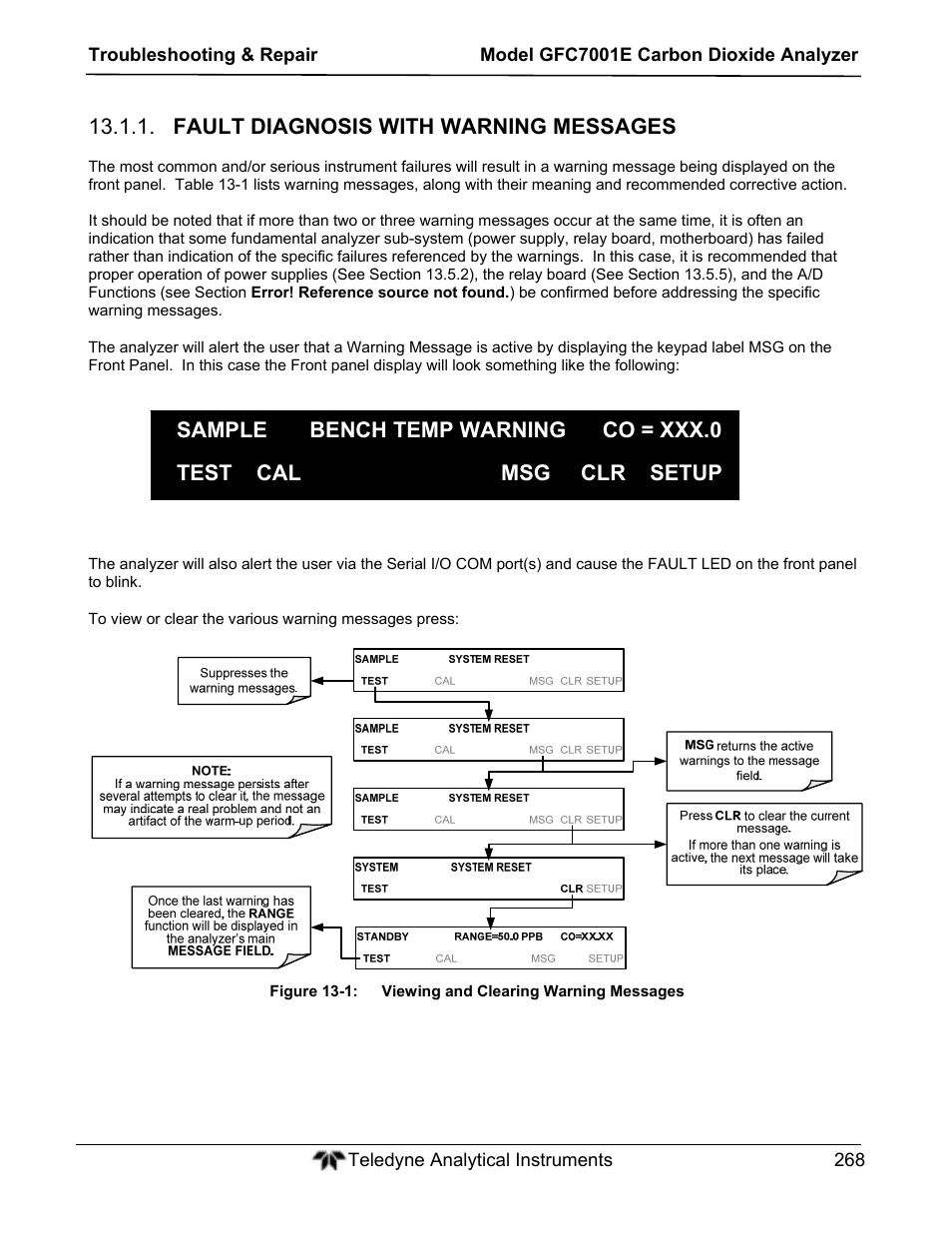 Fault diagnosis with warning messages | Teledyne GFC-7001E - Trace CO Analyzer User Manual | Page 268 / 321