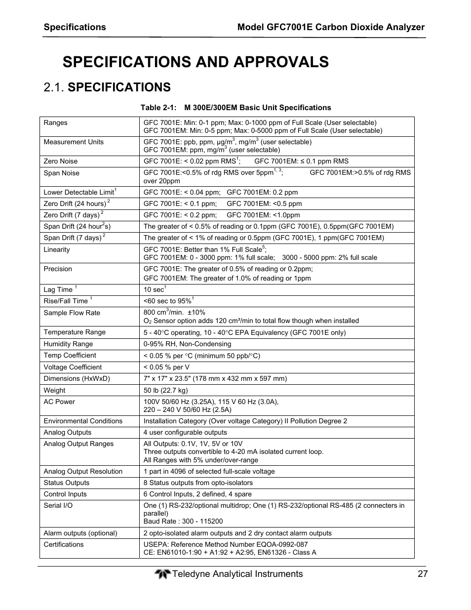 Specifications and approvals, Specifications | Teledyne GFC-7001E - Trace CO Analyzer User Manual | Page 27 / 321