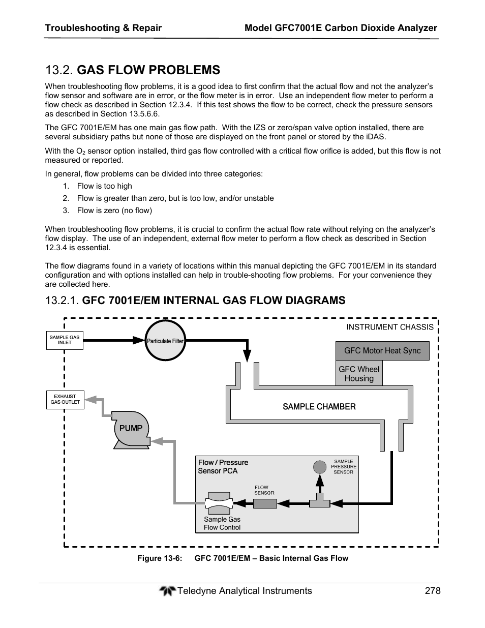 Gas flow problems, Gfc 7001e/em internal gas flow diagrams | Teledyne GFC-7001E - Trace CO Analyzer User Manual | Page 278 / 321