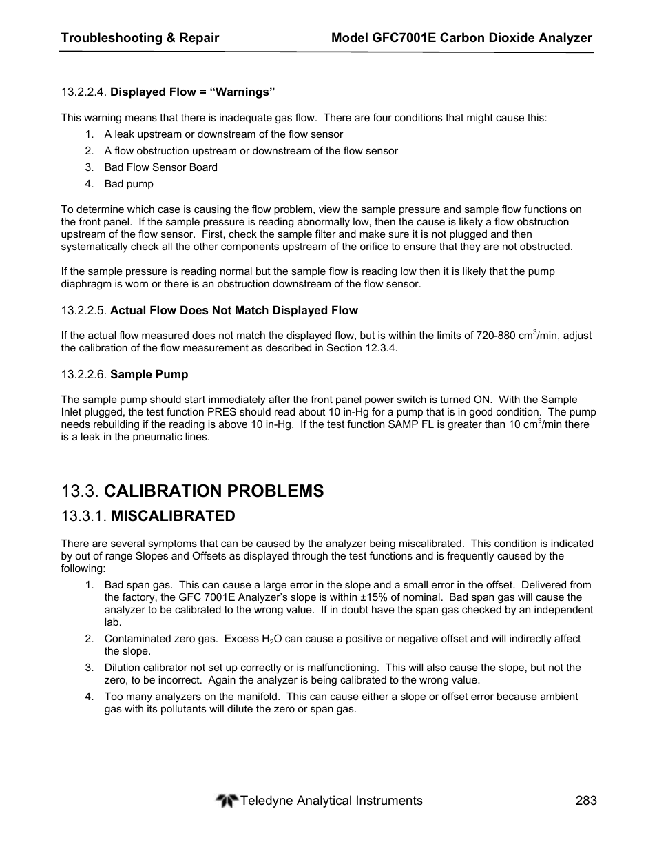 Calibration problems, Miscalibrated | Teledyne GFC-7001E - Trace CO Analyzer User Manual | Page 283 / 321