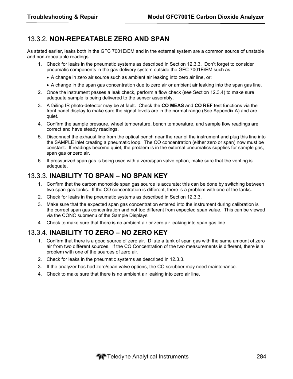 Non-repeatable zero and span, Inability to span – no span key, Inability to zero – no zero key | Teledyne GFC-7001E - Trace CO Analyzer User Manual | Page 284 / 321