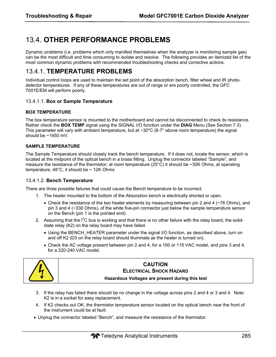 Other performance problems, Temperature problems | Teledyne GFC-7001E - Trace CO Analyzer User Manual | Page 285 / 321