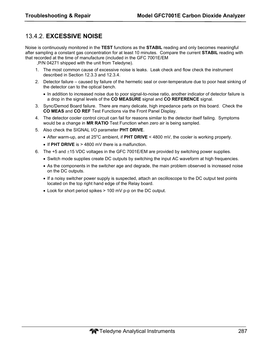 Excessive noise | Teledyne GFC-7001E - Trace CO Analyzer User Manual | Page 287 / 321