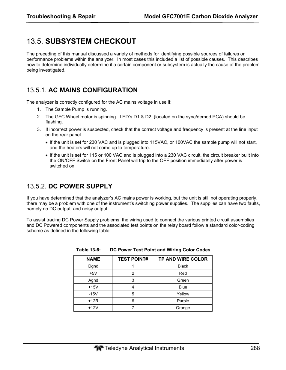 Subsystem checkout, Ac mains configuration, Dc power supply | Teledyne GFC-7001E - Trace CO Analyzer User Manual | Page 288 / 321